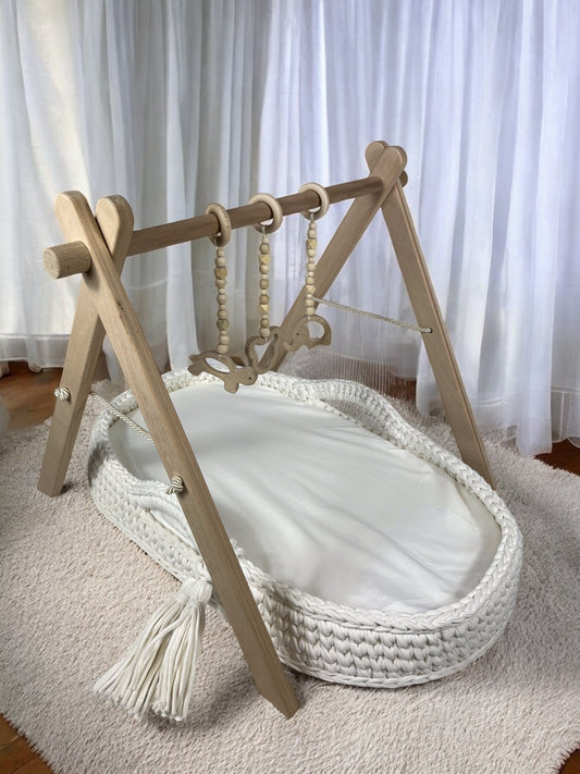 Handmade Crochet Changing Basket and Wooden Baby Play Gym Set