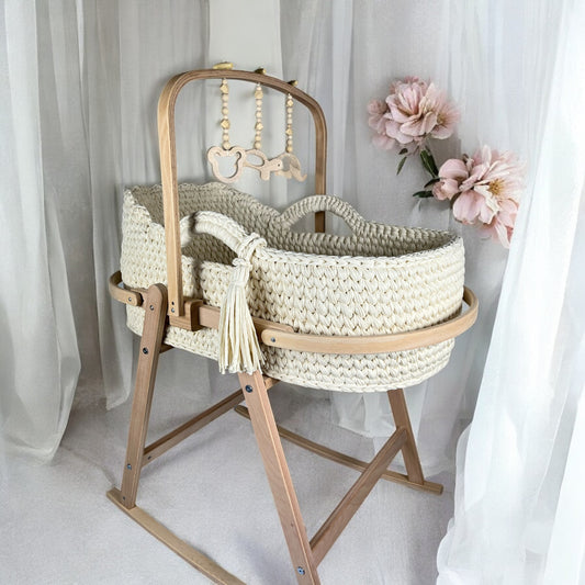 Handmade Scalloped Edge Crochet Moses Basket with a Stand & Toy Mobile